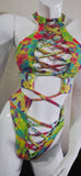 Colorful bikini top on a white surface