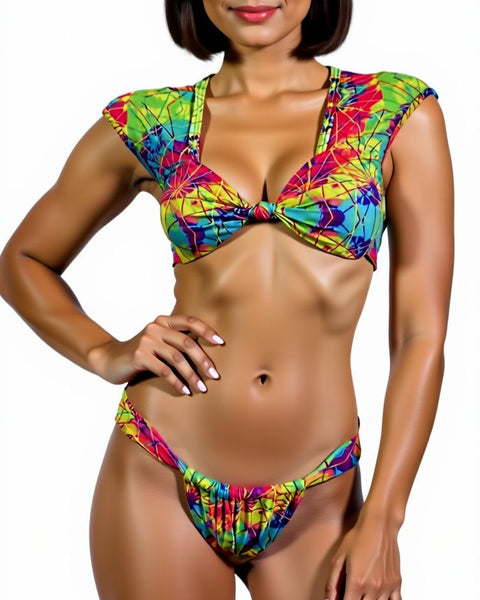 Woman wearing a colorful bikini set on a white background